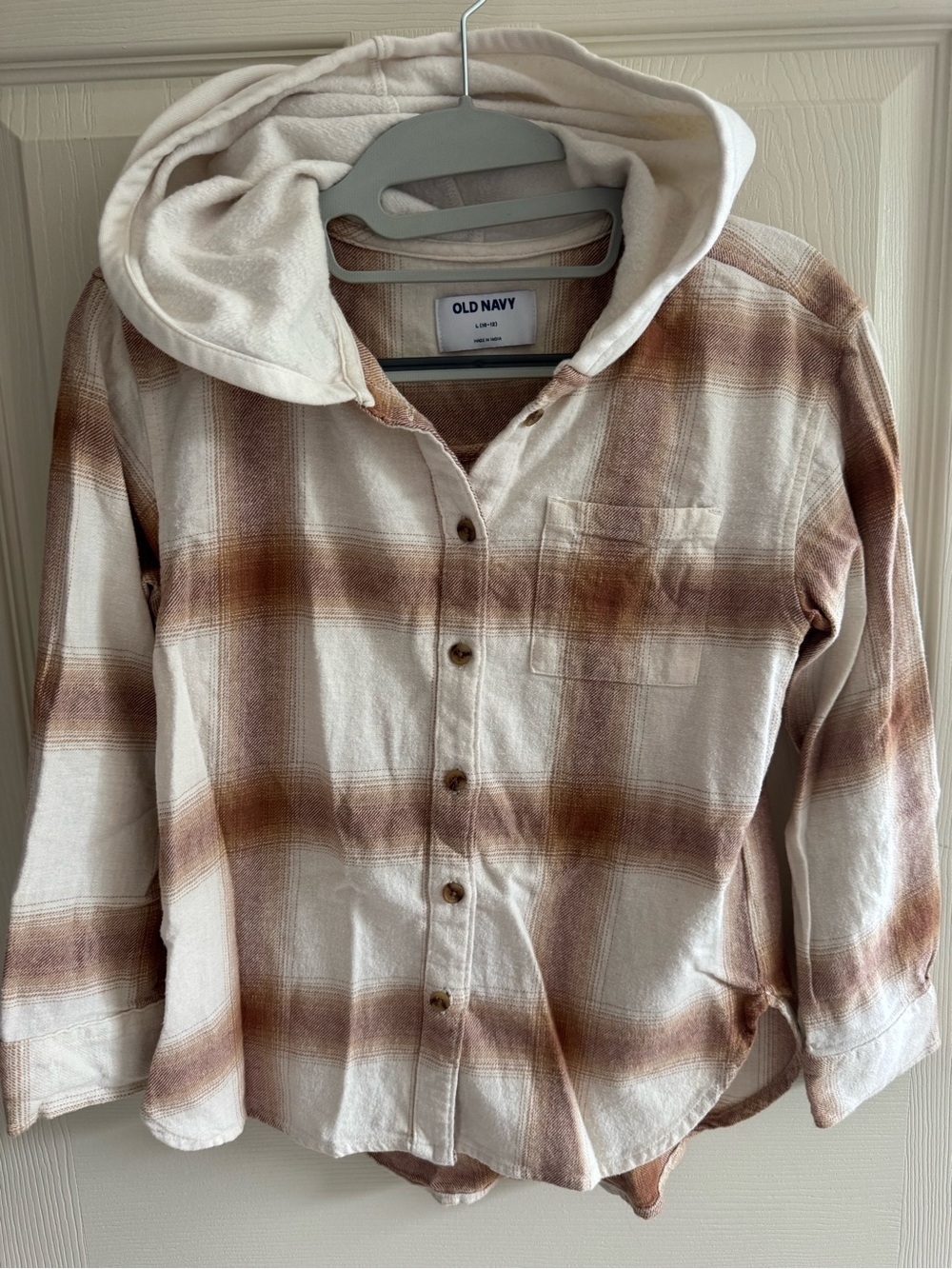 Old Navy Cream & Brown Plaid Hooded Button-Down Shirt